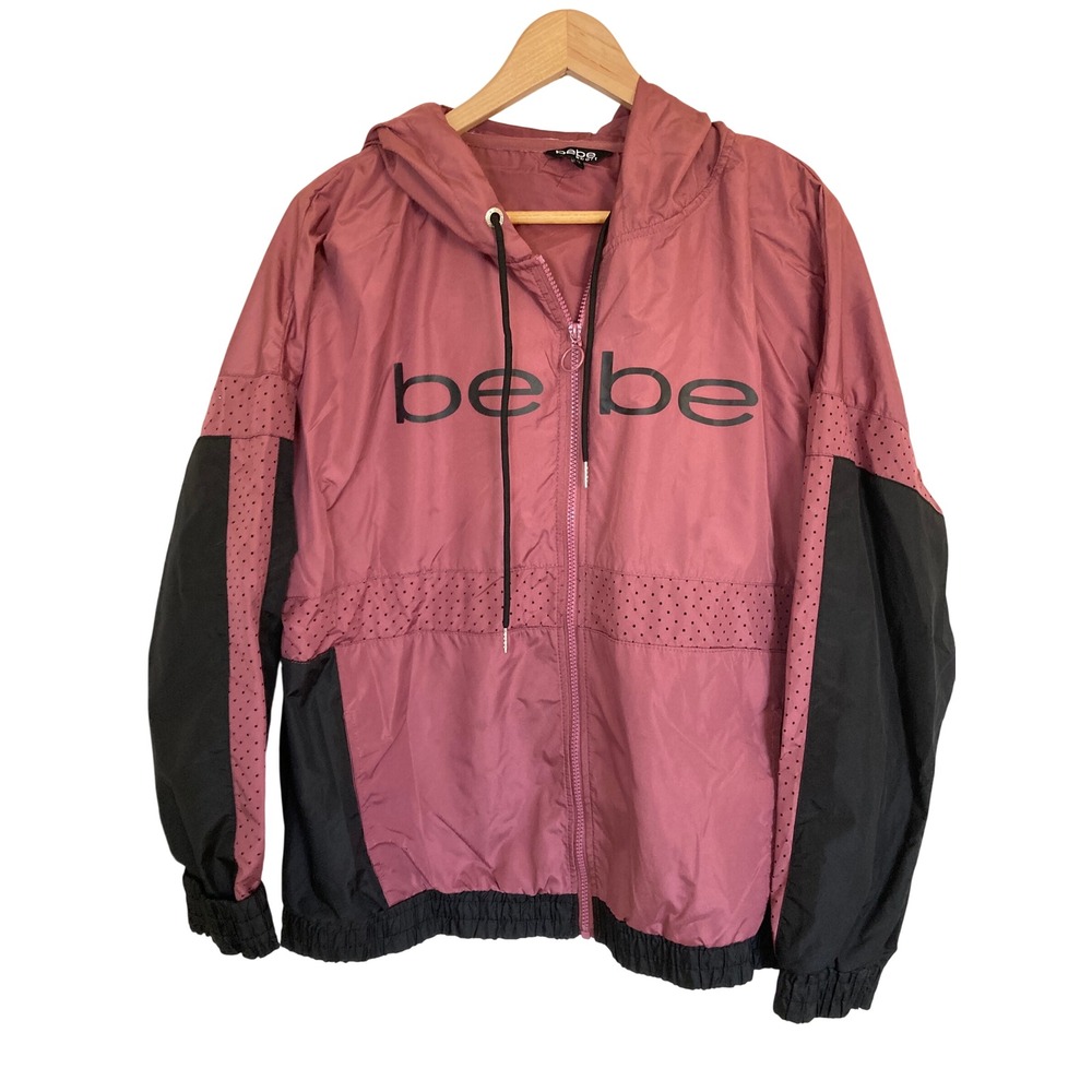 Bebe Sport Womens 1X Windbreaker Jacket Mauve Black Colorblock Hooded Full Zip